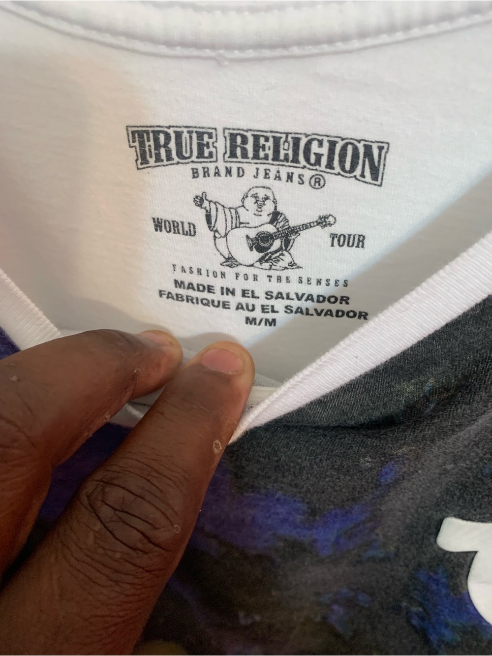 True Religion Men’s White-Rim Graphic Tee with Black and Purple Print